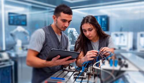 Estudantes em laboratório de robótica